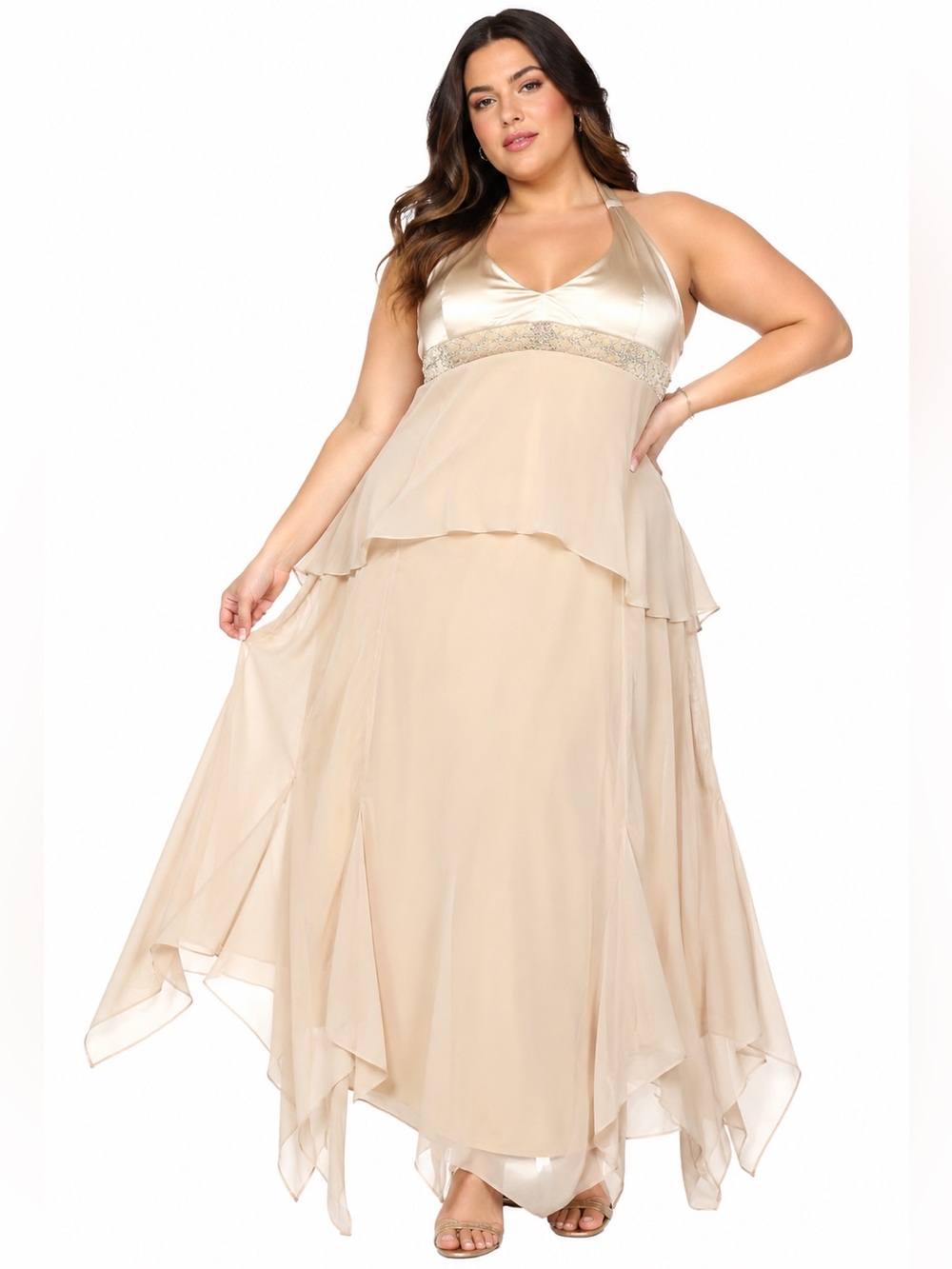 90s Vintage Grecian Goddess Beaded Asymmetrical Maxi Dress (Champagne) Size L